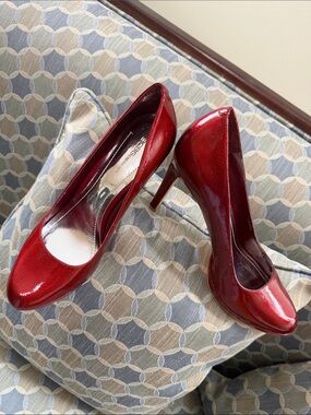 BCBGeneration Metallic Red Patent Platform Stilettos